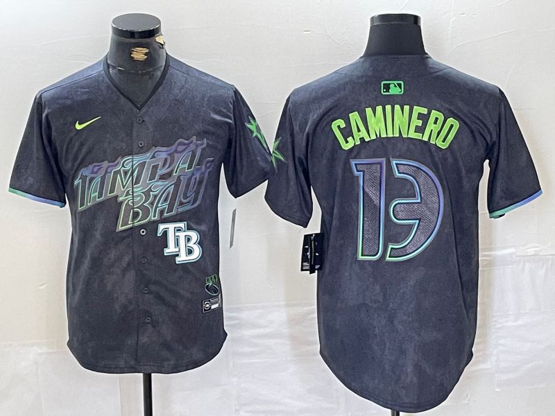 Men Tampa Bay Rays 13 Caminero Black City Edition Nike 2024 MLB Jersey style 4